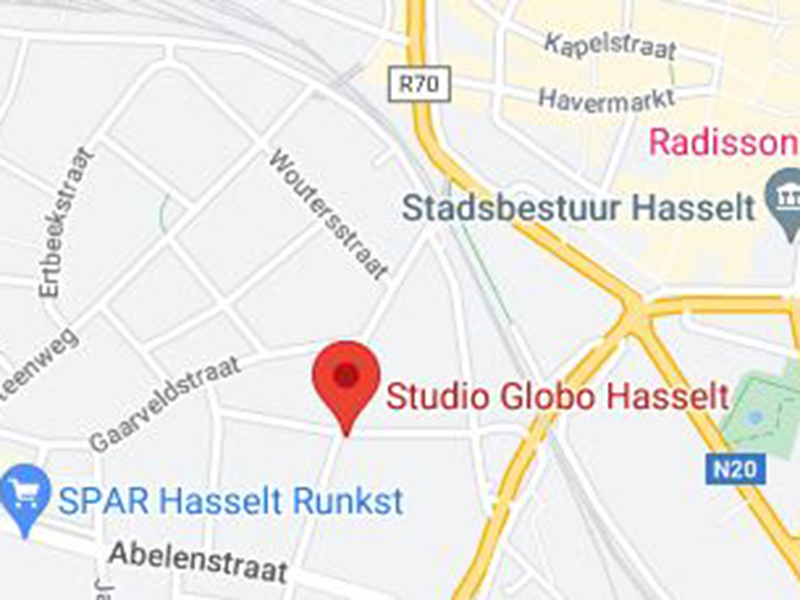 Dit is een kaart waarop Studio Globo Hasselt aangeduid staat.