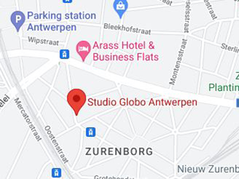 Dit is een kaart waarop Studio Globo Antwerpen aangeduid staat.
