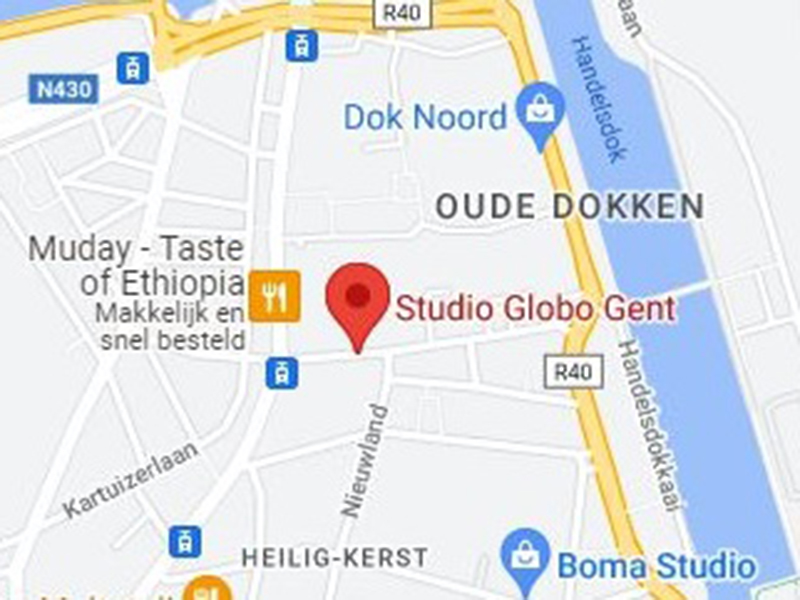 Dit is een kaart waarop Studio Globo Gent aangeduid staat.