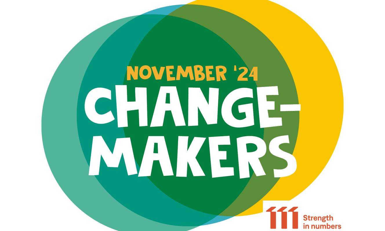 Hier zie je het woord changemakers op een achtergrond van bollen en het logo van 11.11.11, ook vermelding van de maand november 2024