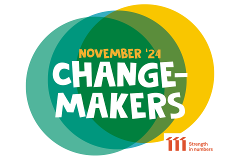 Hier zie je het woord changemakers op een achtergrond van bollen en het logo van 11.11.11, ook vermelding van de maand november 2024