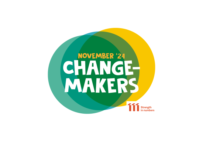 Hier zie je het woord changemakers op een achtergrond van bollen en het logo van 11.11.11, ook vermelding van de maand november 2024